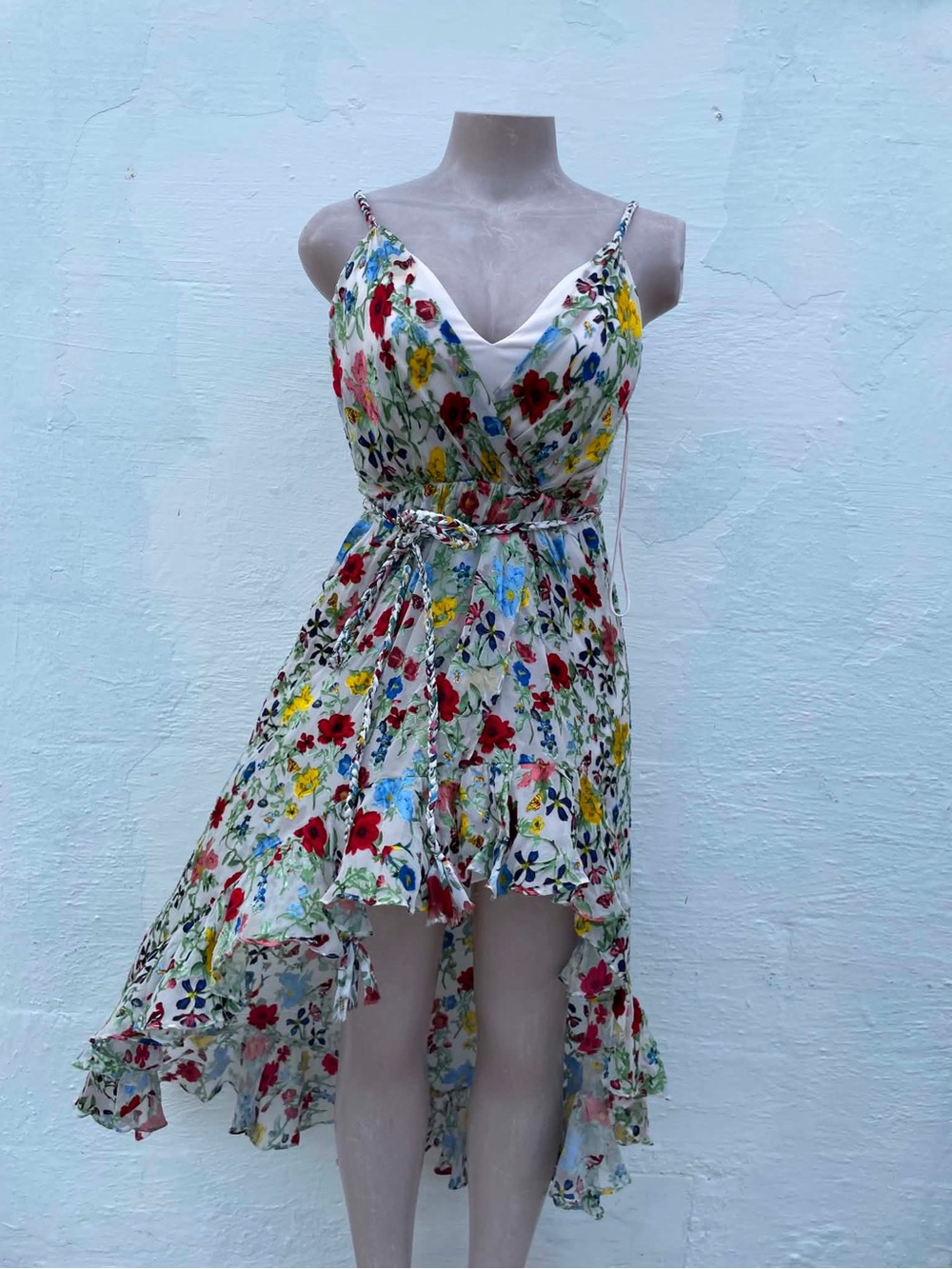 Alice + Olivia White Floral High-Low Sundress with Red, Yellow & Blue Blooms